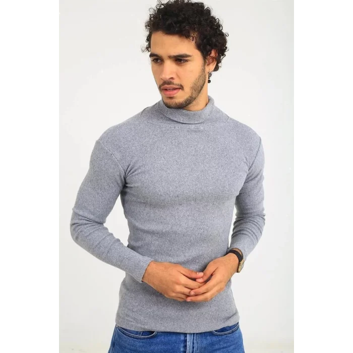 Arnay Erkek Kaşkorse Boğazlı Full Likralı Fitilli Body Kazak - Gri