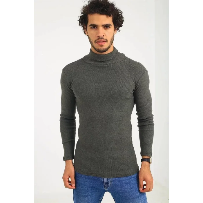 Arnay Erkek Kaşkorse Boğazlı Full Likralı Fitilli Body Kazak - Haki