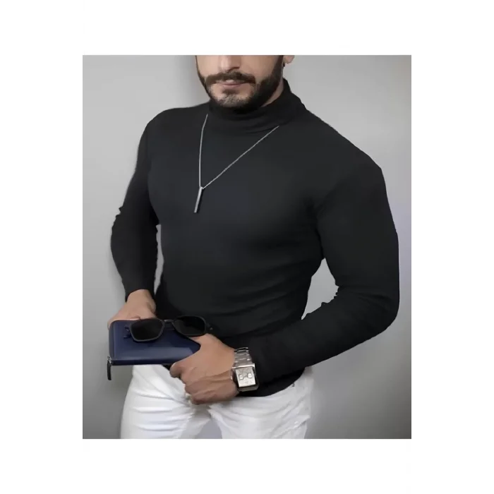 Arnay Erkek Kaşkorse Boğazlı Full Likralı Fitilli Body Kazak - Siyah