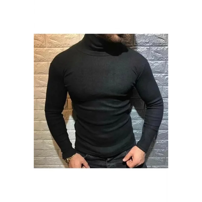 Arnay Erkek Kaşkorse Boğazlı Full Likralı Fitilli Body Kazak - Siyah