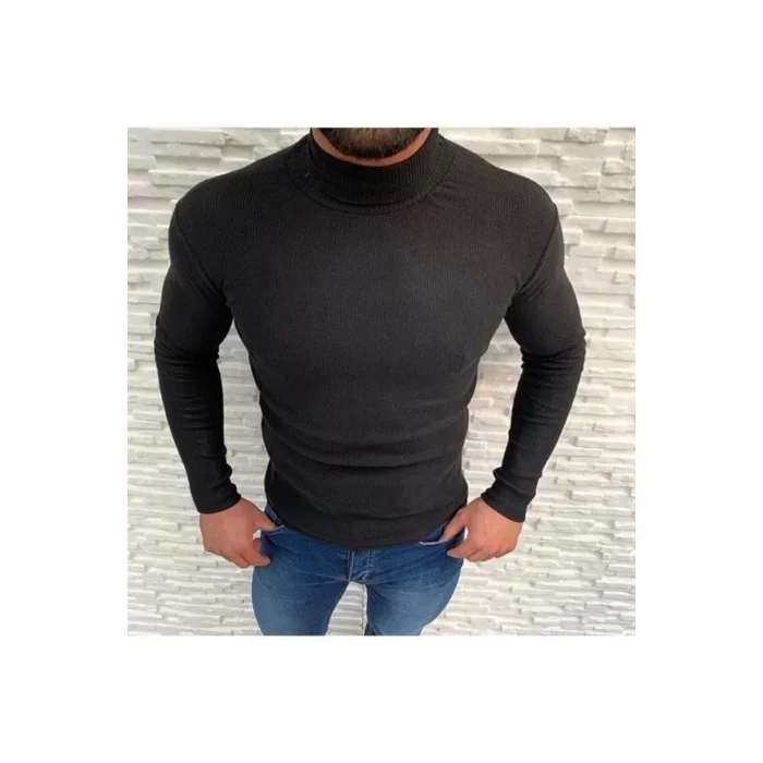 Arnay Erkek Kaşkorse Boğazlı Full Likralı Fitilli Body Kazak - Siyah