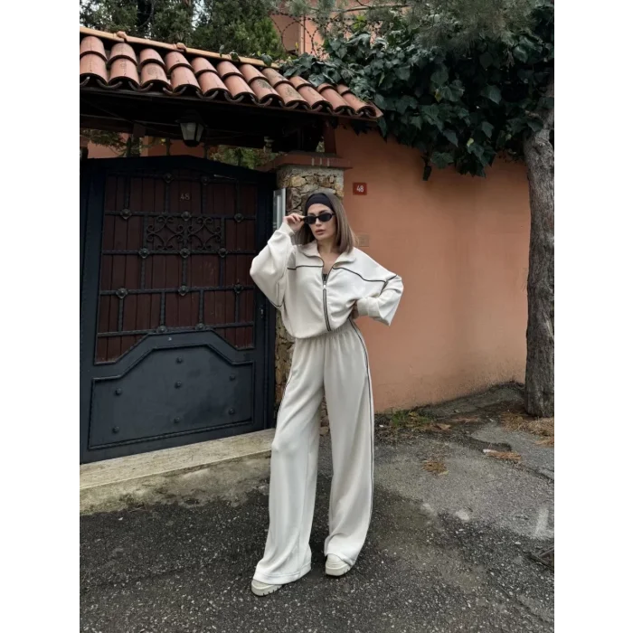 Arnay Fermuarlı Eşofman Pantolon İkili Takım - Beyaz