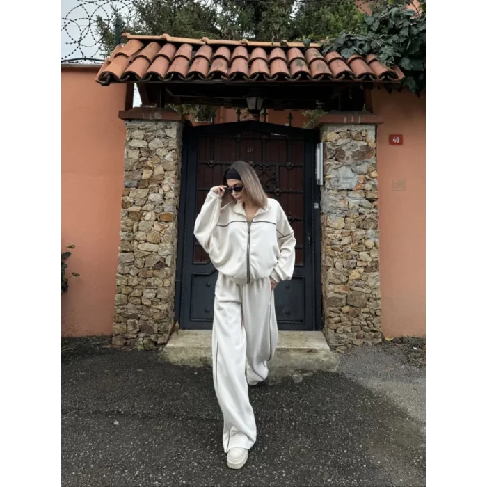 Arnay Fermuarlı Eşofman Pantolon İkili Takım - Beyaz