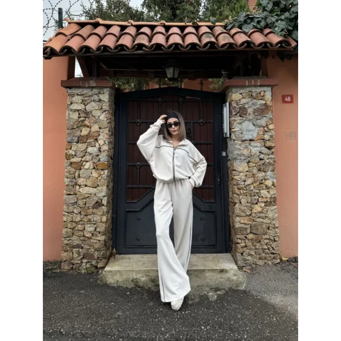 Arnay Fermuarlı Eşofman Pantolon İkili Takım - Beyaz