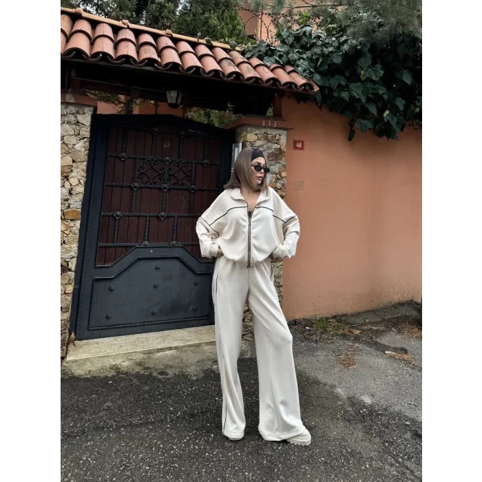 Arnay Fermuarlı Eşofman Pantolon İkili Takım - Beyaz