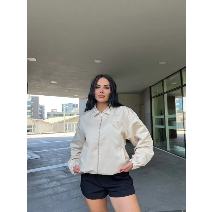 Arnay Fermuarlı Gömlek Yaka Bomber Ceket - Beyaz