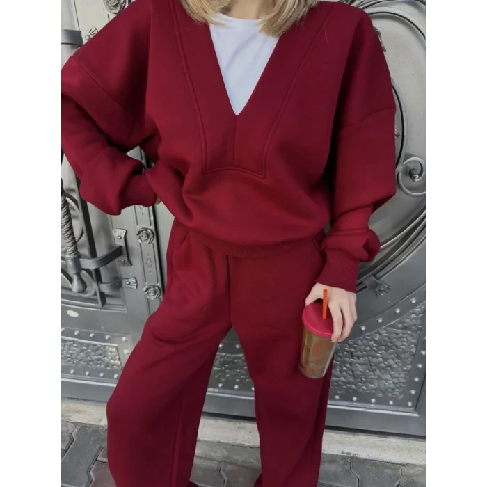 Arnay Geniş V Yaka Üç İplik Sweat Takım - Bordo