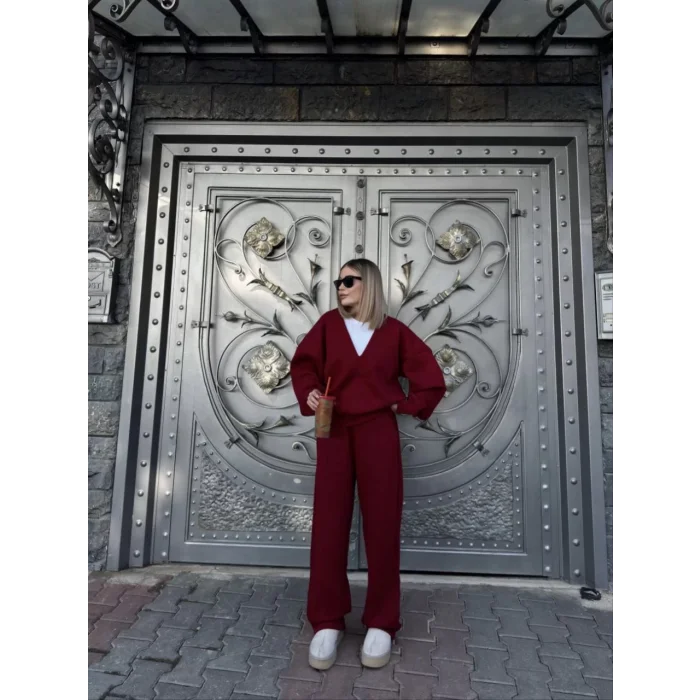 Arnay Geniş V Yaka Üç İplik Sweat Takım - Bordo