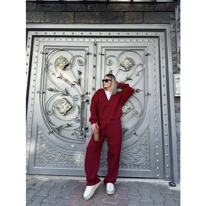 Arnay Geniş V Yaka Üç İplik Sweat Takım - Bordo