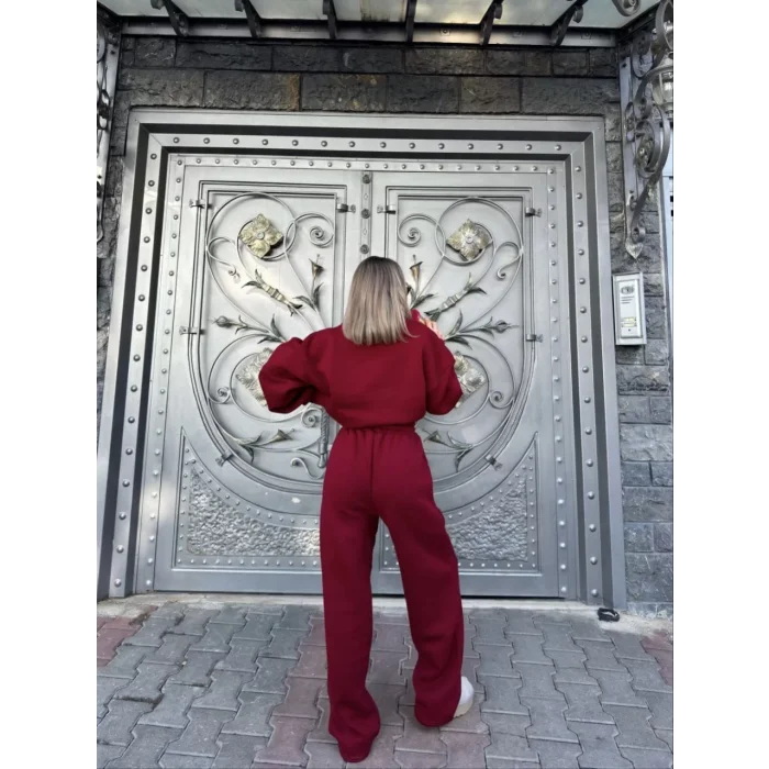 Arnay Geniş V Yaka Üç İplik Sweat Takım - Bordo