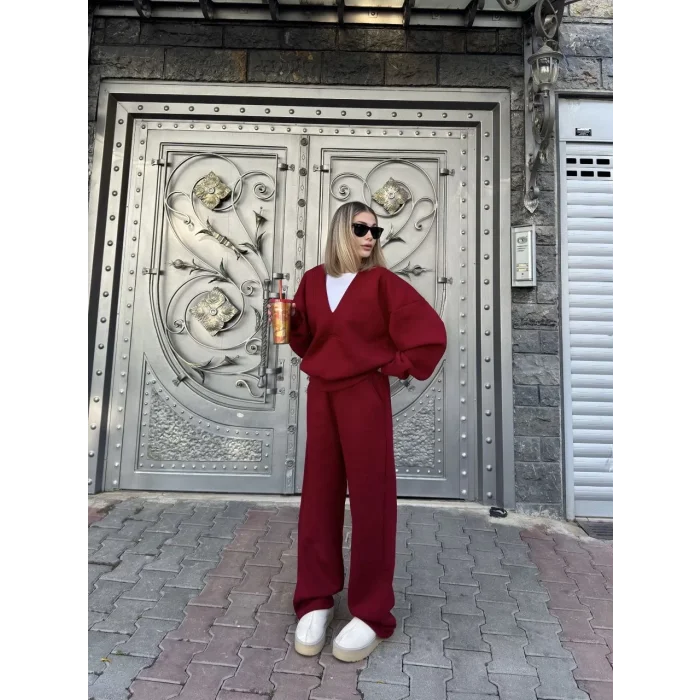 Arnay Geniş V Yaka Üç İplik Sweat Takım - Bordo