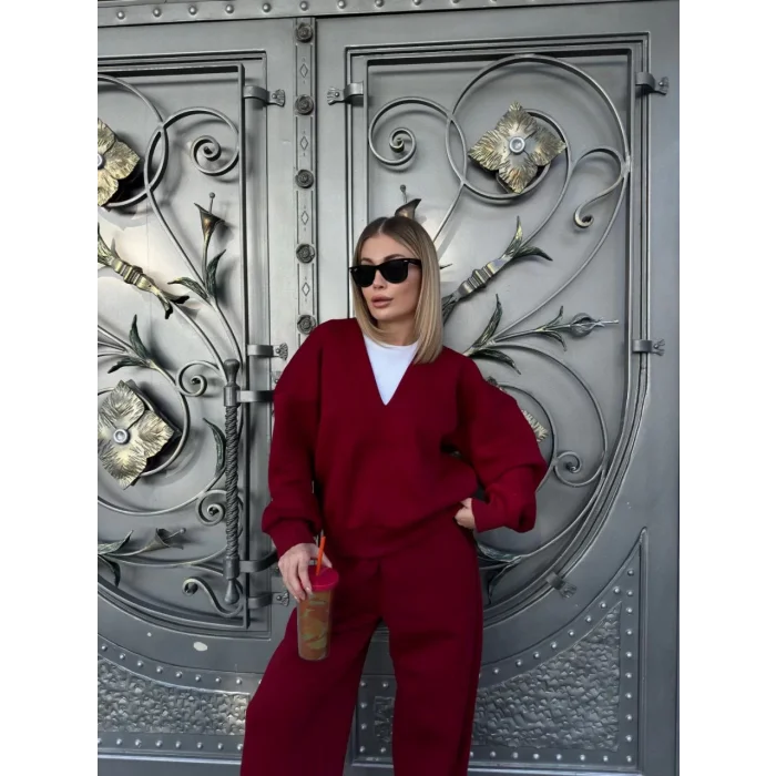 Arnay Geniş V Yaka Üç İplik Sweat Takım - Bordo