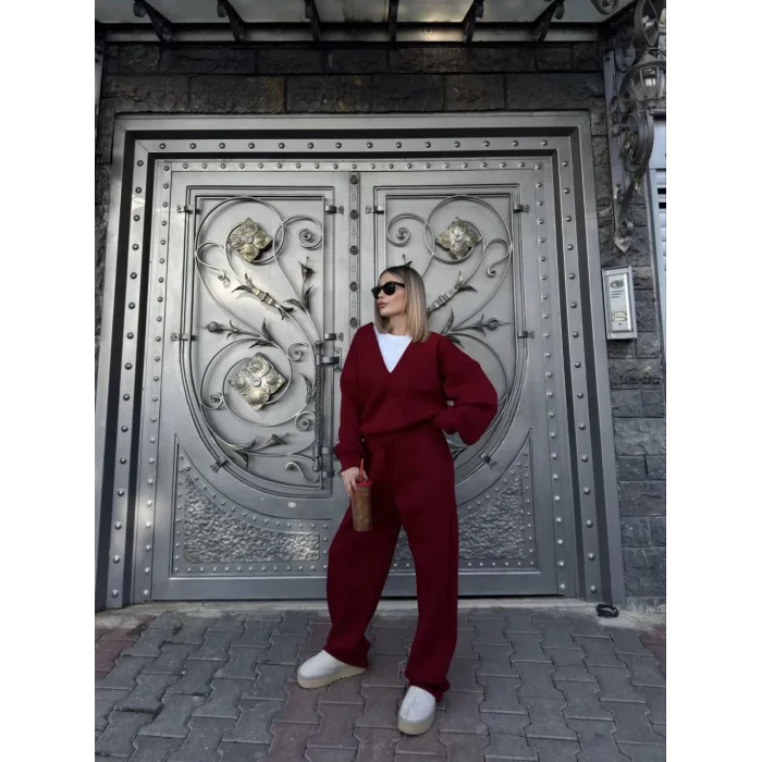 Arnay Geniş V Yaka Üç İplik Sweat Takım - Bordo