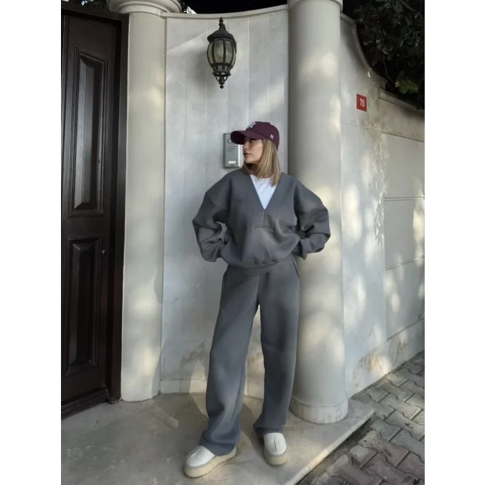 Arnay Geniş V Yaka Üç İplik Sweat Takım - Füme