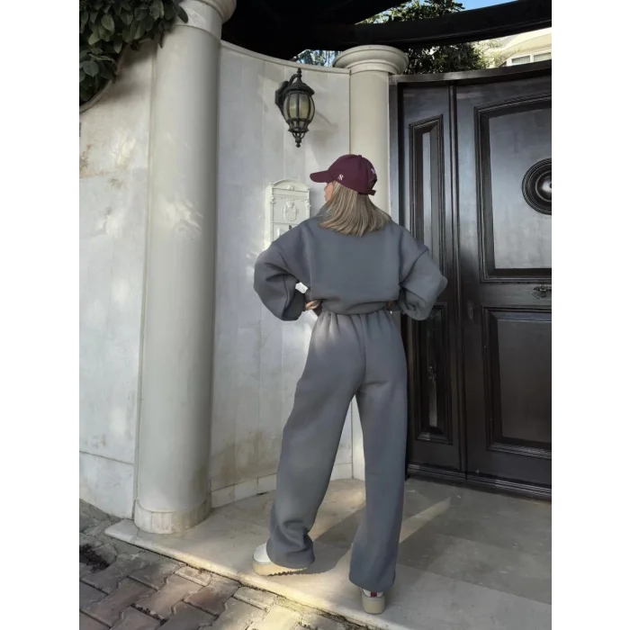 Arnay Geniş V Yaka Üç İplik Sweat Takım - Füme