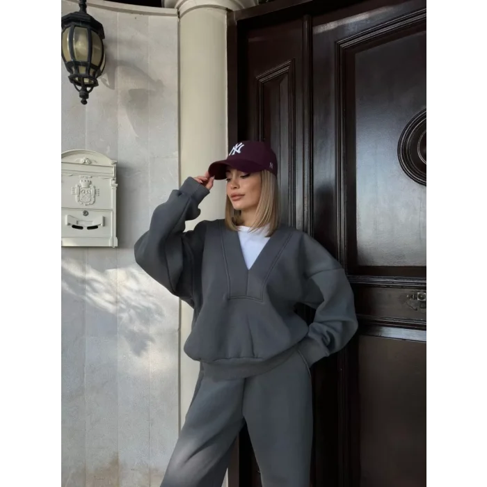 Arnay Geniş V Yaka Üç İplik Sweat Takım - Füme