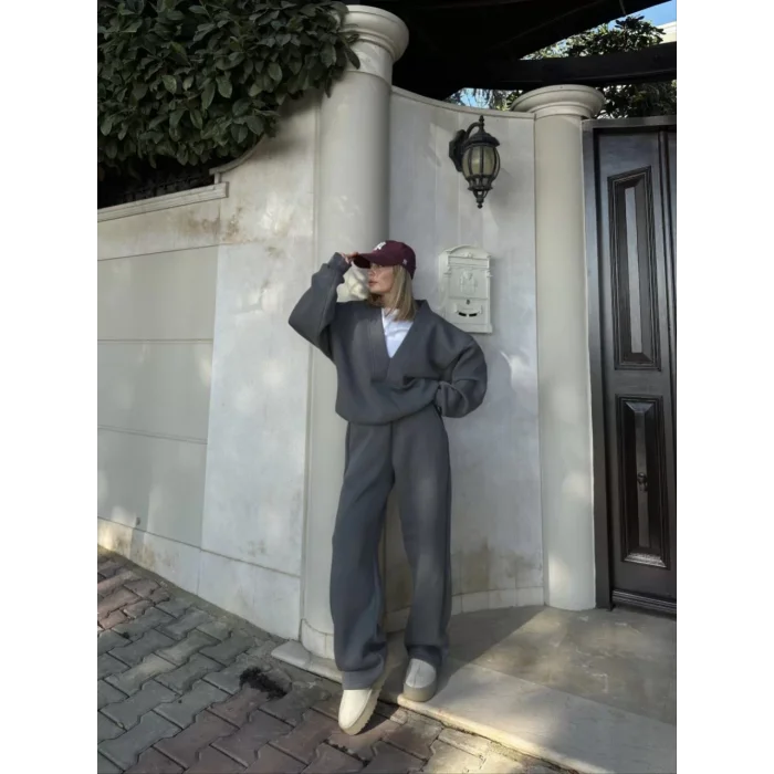 Arnay Geniş V Yaka Üç İplik Sweat Takım - Füme