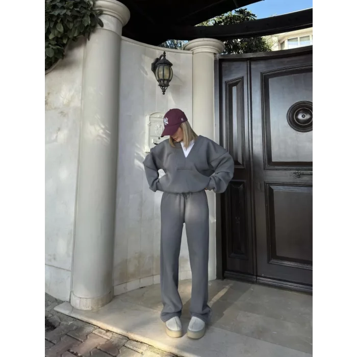 Arnay Geniş V Yaka Üç İplik Sweat Takım - Füme