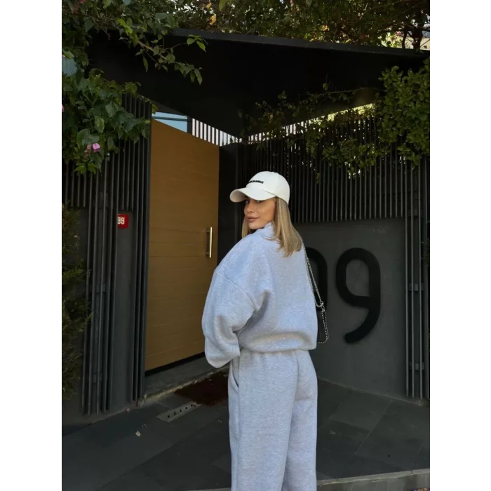 Arnay Geniş V Yaka Üç İplik Sweat Takım - Gri