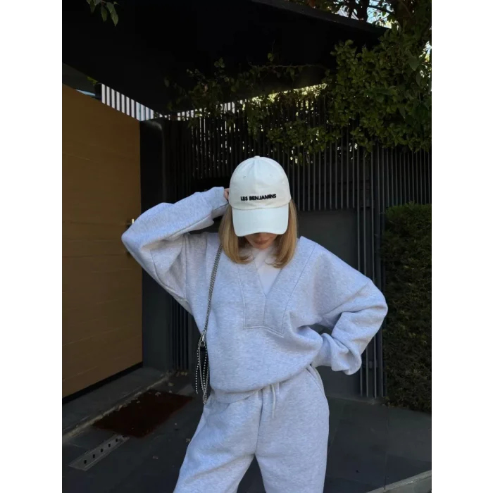 Arnay Geniş V Yaka Üç İplik Sweat Takım - Gri