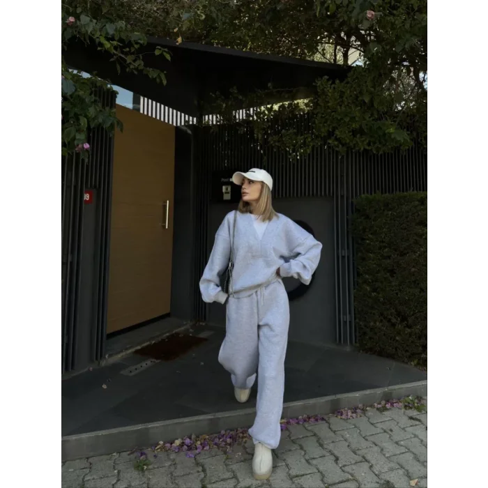 Arnay Geniş V Yaka Üç İplik Sweat Takım - Gri