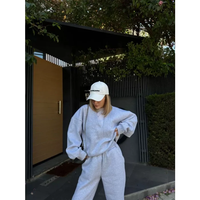 Arnay Geniş V Yaka Üç İplik Sweat Takım - Gri