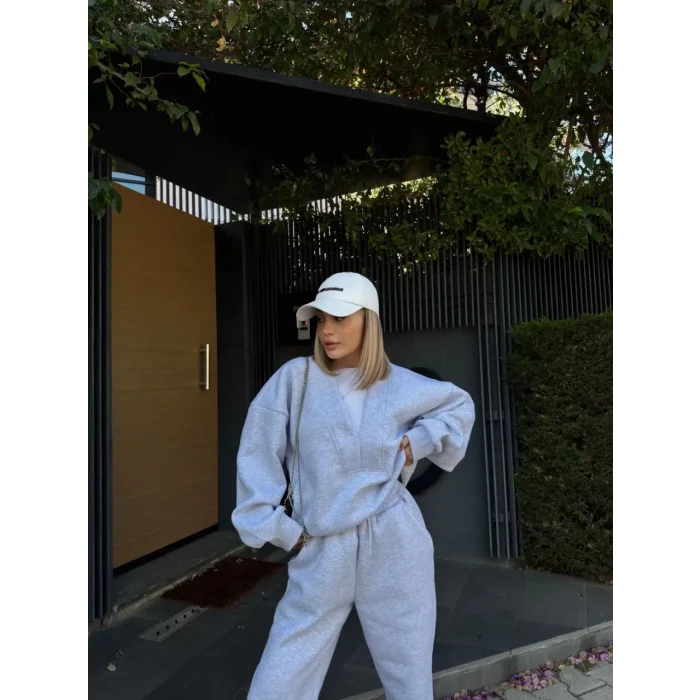 Arnay Geniş V Yaka Üç İplik Sweat Takım - Gri