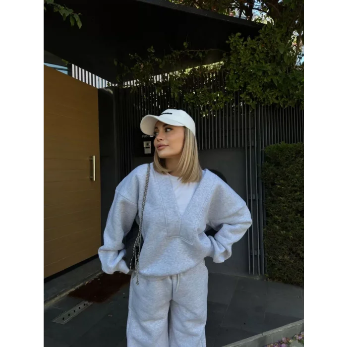 Arnay Geniş V Yaka Üç İplik Sweat Takım - Gri