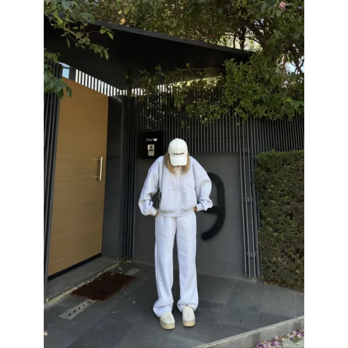 Arnay Geniş V Yaka Üç İplik Sweat Takım - Gri