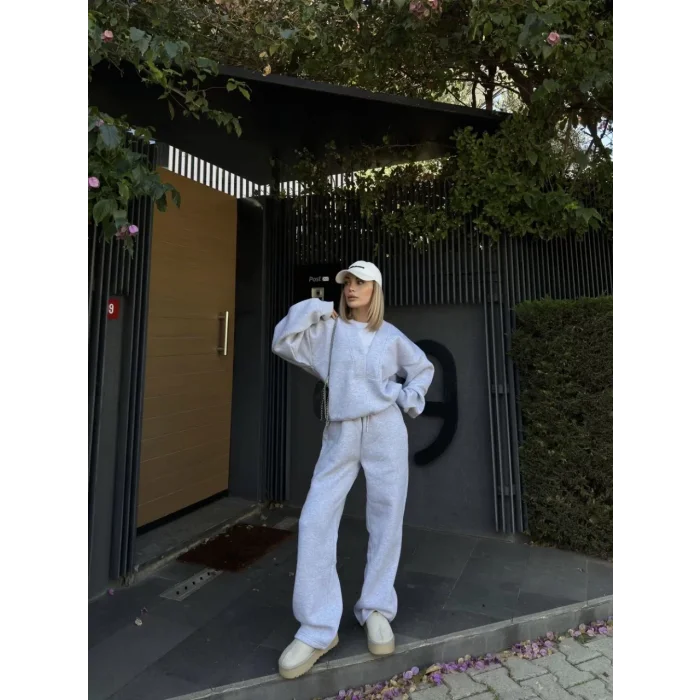 Arnay Geniş V Yaka Üç İplik Sweat Takım - Gri