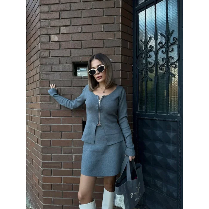 Arnay İkili Fermuarlı Hırkalı Etekli Takım - Füme