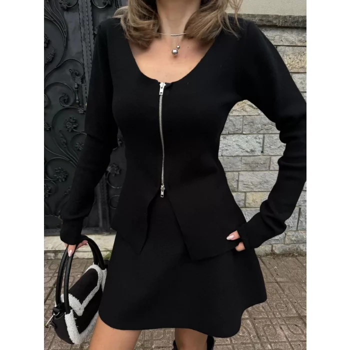 Arnay İkili Fermuarlı Hırkalı Etekli Takım - Siyah