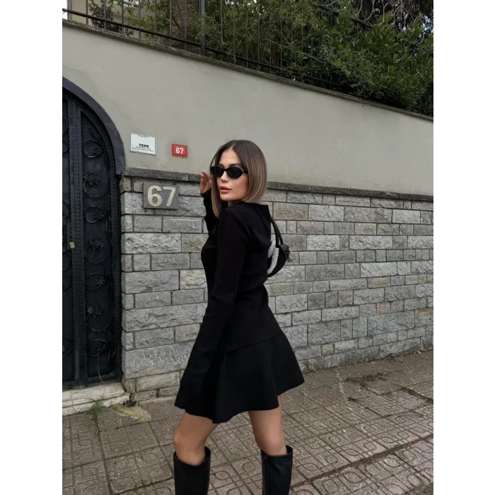 Arnay İkili Fermuarlı Hırkalı Etekli Takım - Siyah