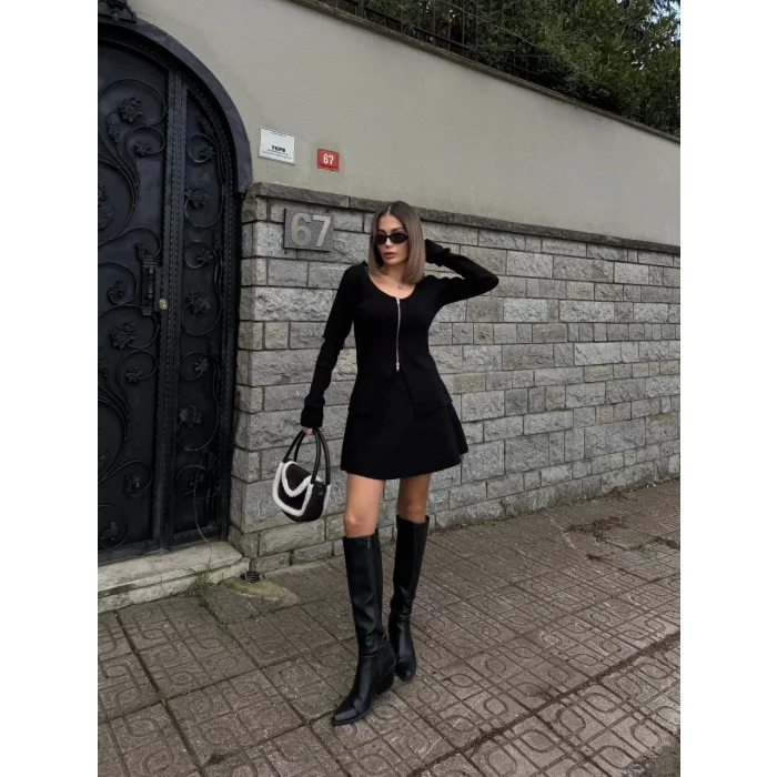 Arnay İkili Fermuarlı Hırkalı Etekli Takım - Siyah