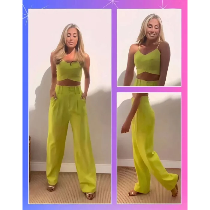 Arnay Kadın Askı Detaylı Crop Ve Pantolon Takım - Açık Yeşil