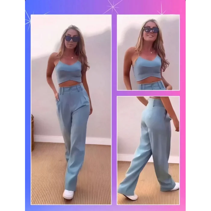 Arnay Kadın Askı Detaylı Crop Ve Pantolon Takım - Saks Mavisi