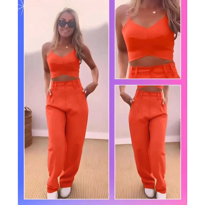 Arnay Kadın Askı Detaylı Crop Ve Pantolon Takım - Turuncu