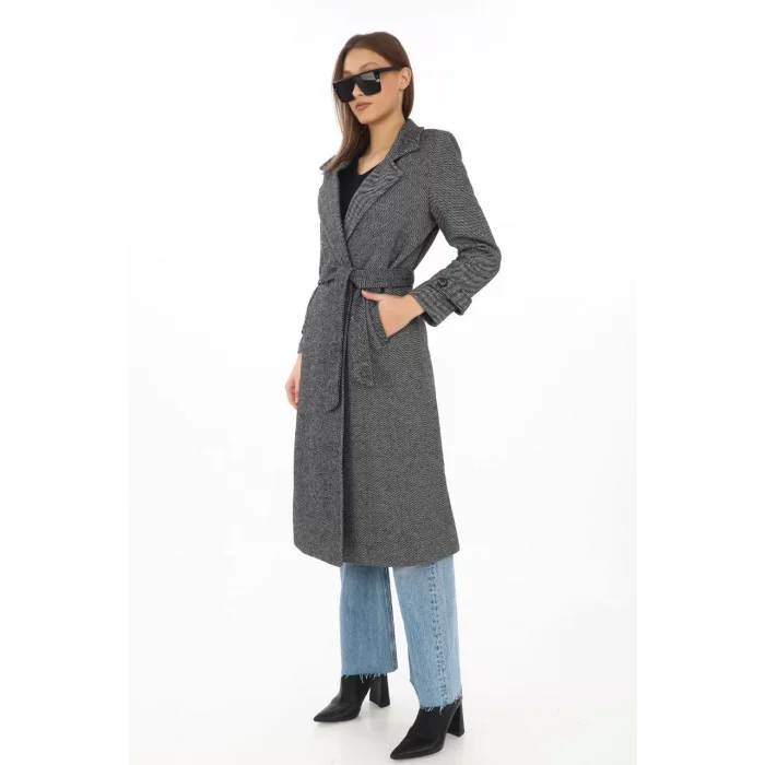 Arnay Kadın Astarlı Balık Sırtı Kaşmir Kaşe Kaban - Füme