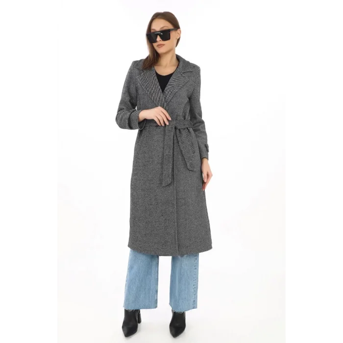 Arnay Kadın Astarlı Balık Sırtı Kaşmir Kaşe Kaban - Füme