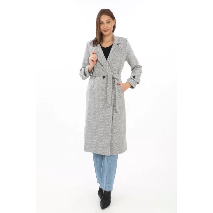 Arnay Kadın Astarlı Balık Sırtı Kaşmir Kaşe Kaban - Gri