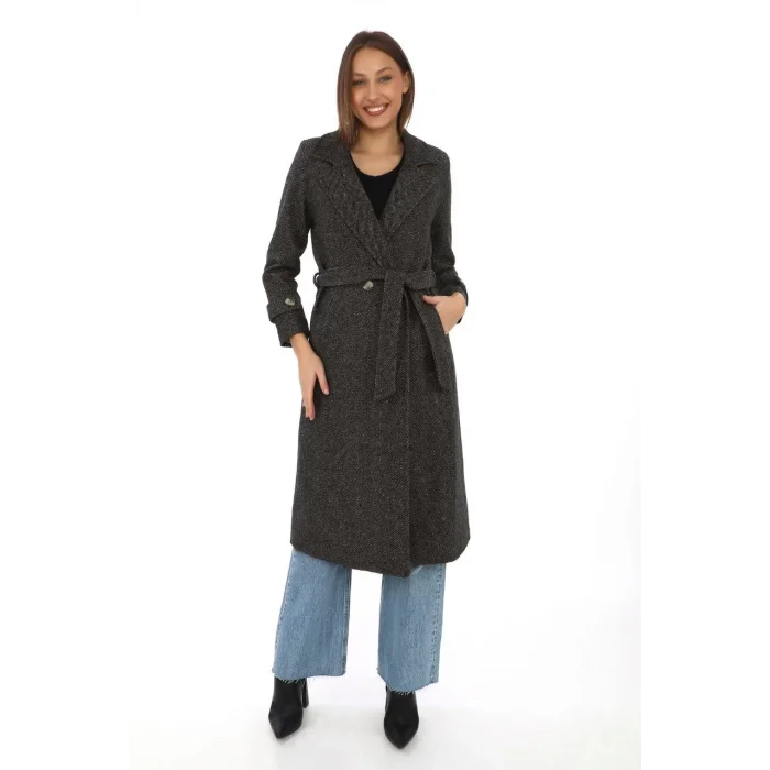 Arnay Kadın Astarlı Balık Sırtı Kaşmir Kaşe Kaban - Kahverengi