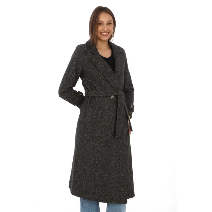 Arnay Kadın Astarlı Balık Sırtı Kaşmir Kaşe Kaban - Kahverengi