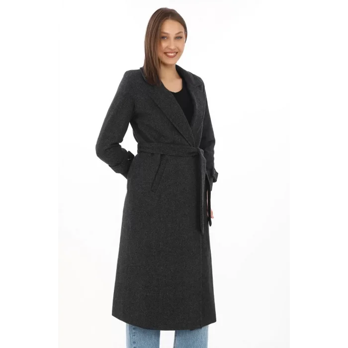 Arnay Kadın Astarlı Balık Sırtı Kaşmir Kaşe Kaban - Siyah