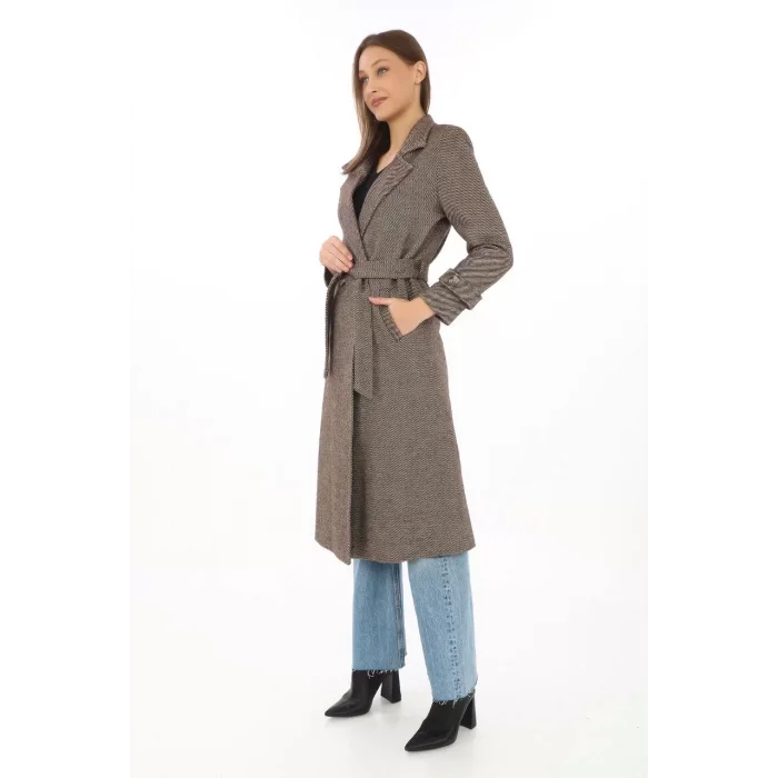 Arnay Kadın Astarlı Balık Sırtı Kaşmir Kaşe Kaban - Vizon