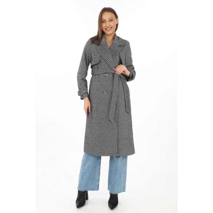 Arnay Kadın Balık Sırtı Kaşmir Uzun Kaşe Kaban - Boyalı Gri