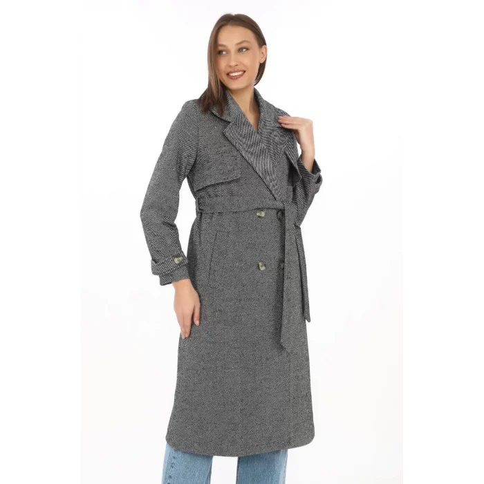 Arnay Kadın Balık Sırtı Kaşmir Uzun Kaşe Kaban - Boyalı Gri