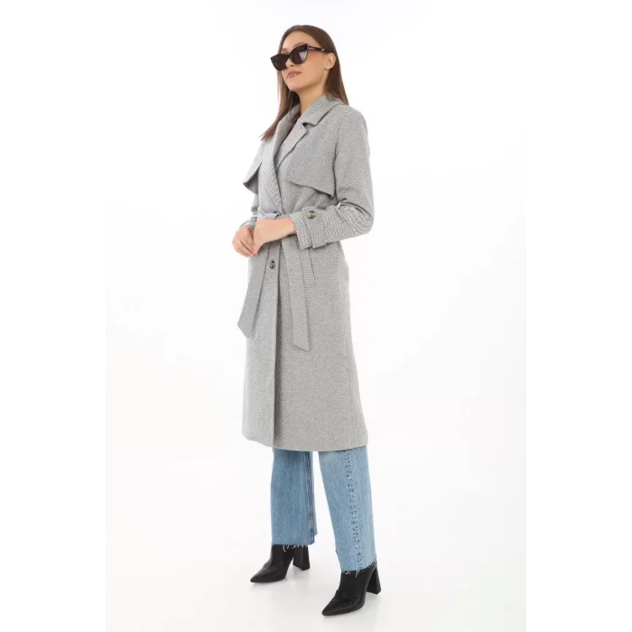 Arnay Kadın Balık Sırtı Kaşmir Uzun Kaşe Kaban - Gri