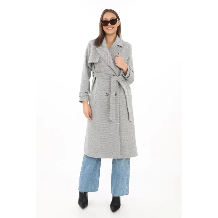 Arnay Kadın Balık Sırtı Kaşmir Uzun Kaşe Kaban - Gri