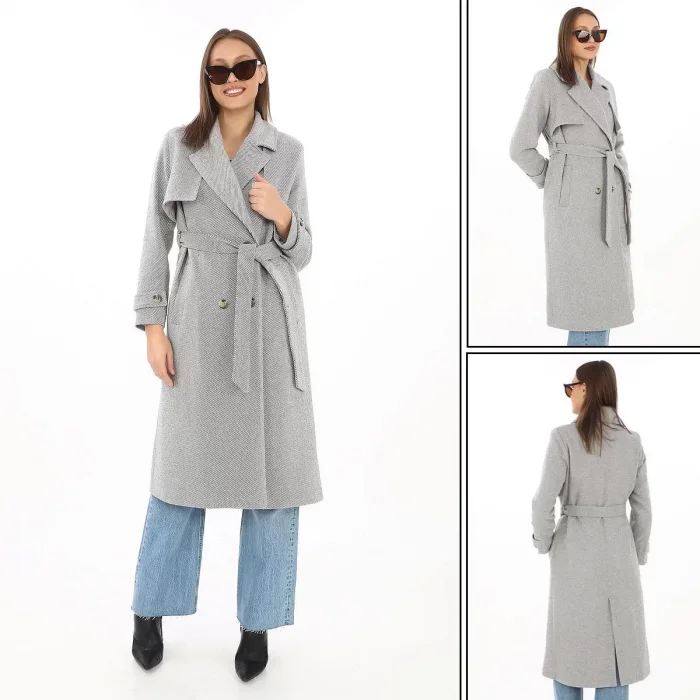 Arnay Kadın Balık Sırtı Kaşmir Uzun Kaşe Kaban - Gri