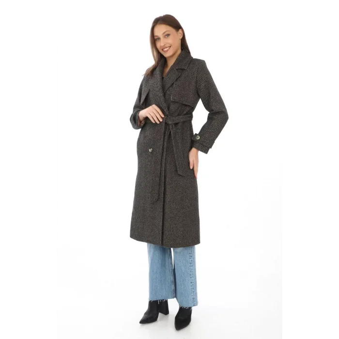 Arnay Kadın Balık Sırtı Kaşmir Uzun Kaşe Kaban - Kahverengi